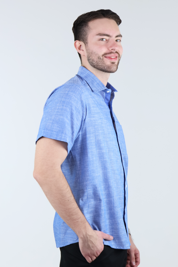 Camisa Azul Jaspe Moderna Hombre Manga Corta Con Bolsa Interior Oculta